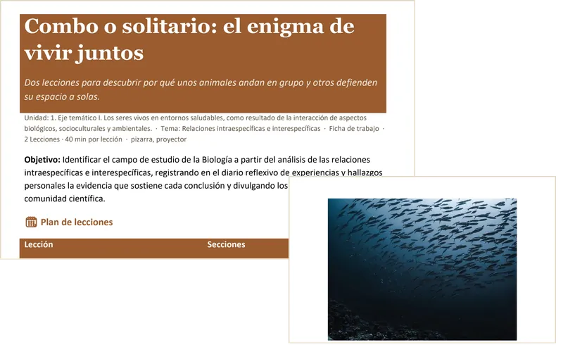 Material de clase de Biología para undécimo generado por ArsDocendi: la ficha del docente «Combo o solitario: el enigma de vivir juntos» y, encima, una página de la hoja del estudiante con su fotografía.