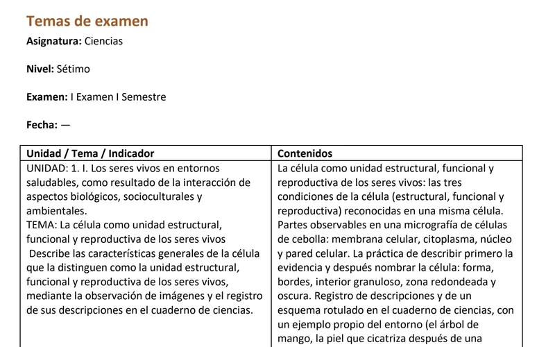 Temas de examen de Ciencias para sétimo generados por ArsDocendi: la unidad, el tema, el indicador y los contenidos que entran.